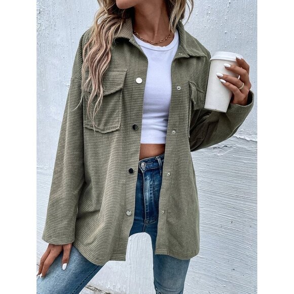 WILA Jackets & Blazers - waffle knit button up shacket jacket olive sage green preppy boho